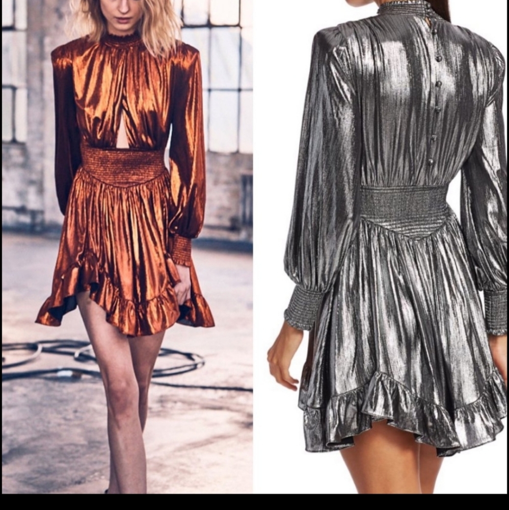 Retrofete melody metallic ruffle puff sleeves.  front cut out mini length size L
